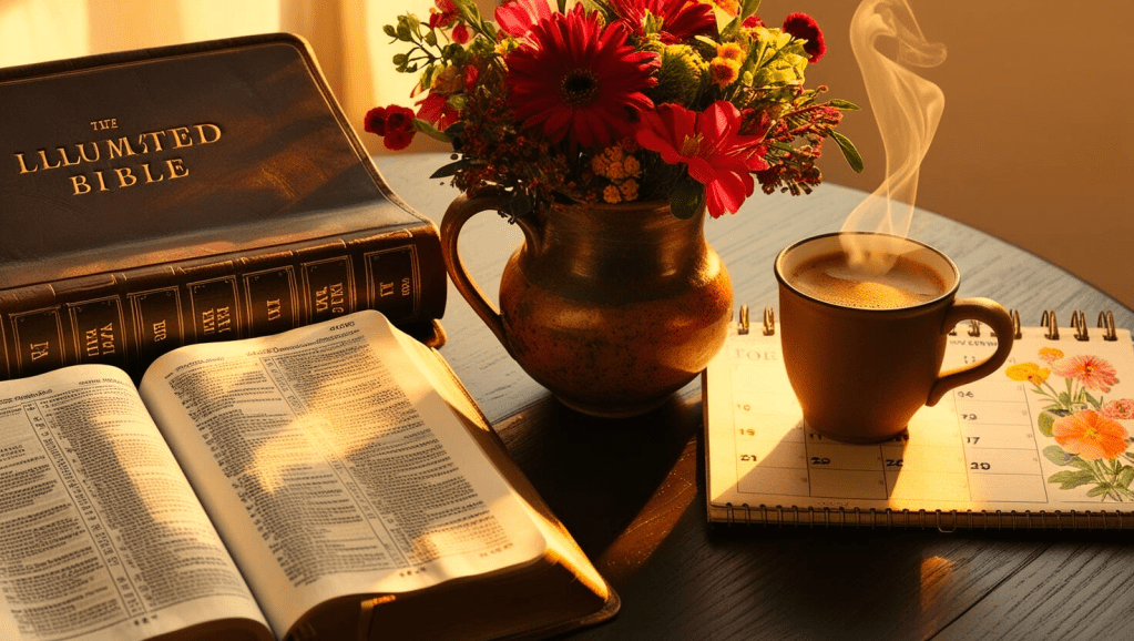 Duas Bíblias, um vaso com flores, café e calendário.
