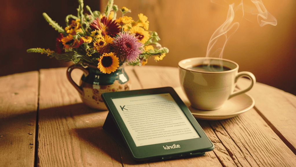 Uma mesa de madeira com um kindle, café e flores.