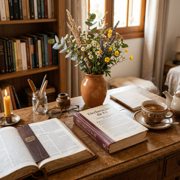 Mesa de escirtório com Bíblia e um livro e vaso de flor.
